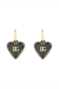 Dolce &amp; Gabbana women’s black heart-shaped earrings with gold-tone dg logo, polished enamel, and rhinestone border