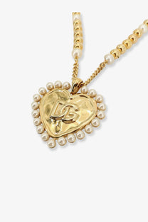 Dolce &amp; Gabbana women’s gold brass heart pendant necklace with textured dg logo and pearl-accented chain