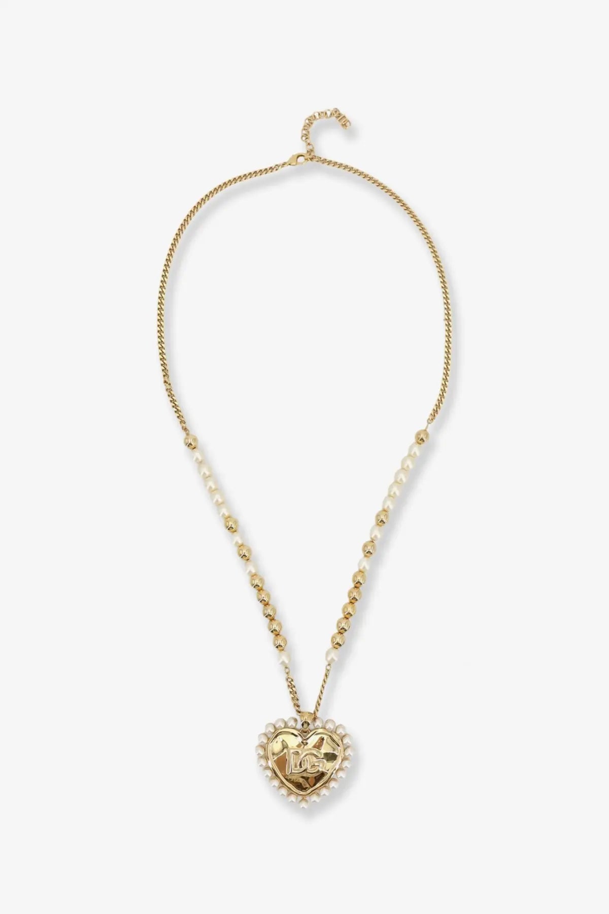 Dolce &amp; Gabbana women’s gold heart-shaped pendant necklace with delicate chain and pearl accents in brass