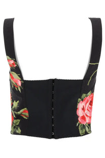 Dolce &amp; gabbana women’s black corset top with vibrant red rose floral print and structured fitted bustier design