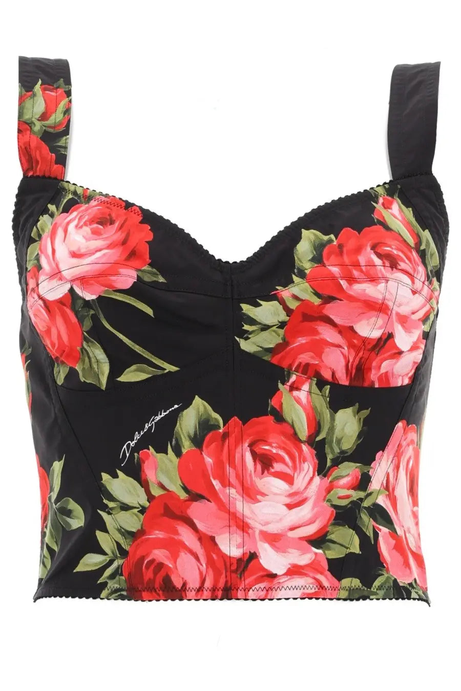 Black Dolce &amp; Gabbana women’s floral print bustier crop top with vibrant red roses and green leaves in bold print