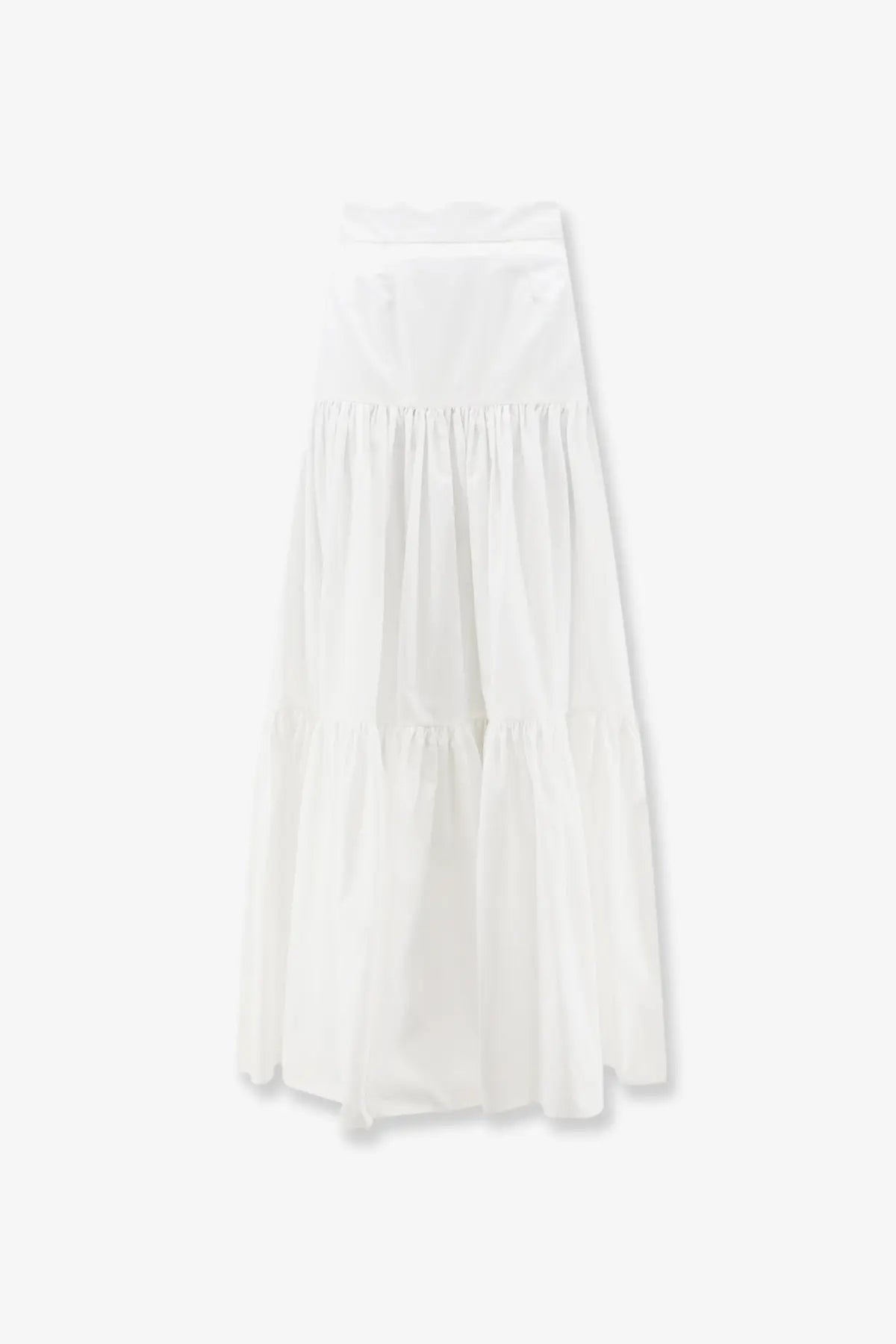 Dolce &amp; Gabbana women’s white tiered poplin maxi skirt with fitted waistband and flowing gathered fabric