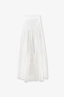 Dolce &amp; Gabbana women’s white tiered poplin maxi skirt with fitted waistband and flowing gathered fabric