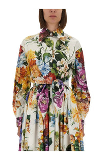 Dolce &amp; Gabbana women’s multicolor floral print poplin dress with long sleeves button-up collar and matching belt