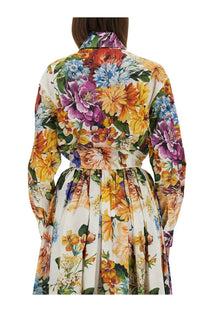 Dolce &amp; Gabbana women’s flower bouquet print long sleeve poplin dress with belted waist in multicolor bold blooms on off-white fabric