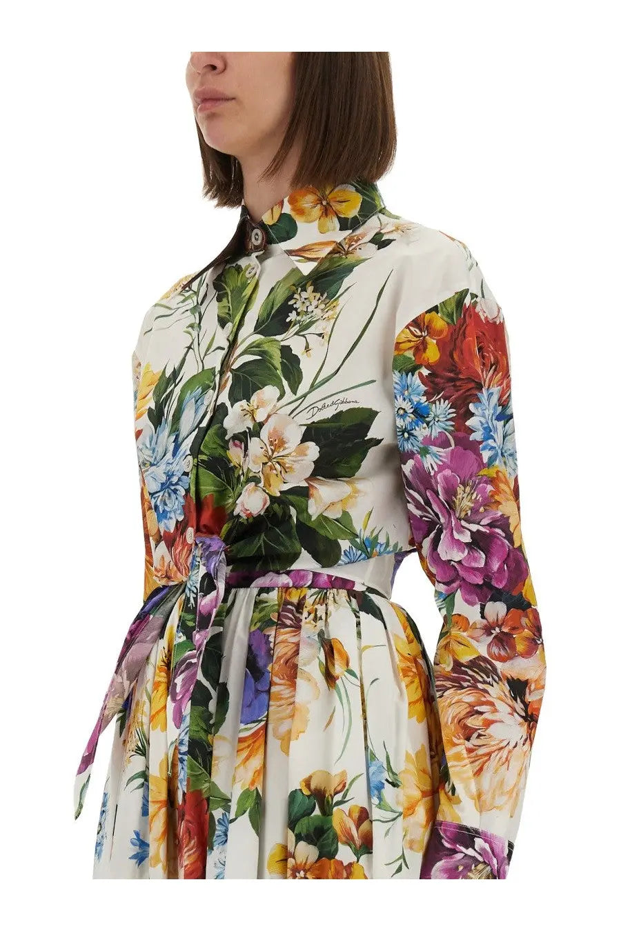 Dolce &amp; Gabbana women’s cream long sleeved floral dress with bold multicolor blooms on poplin fabric