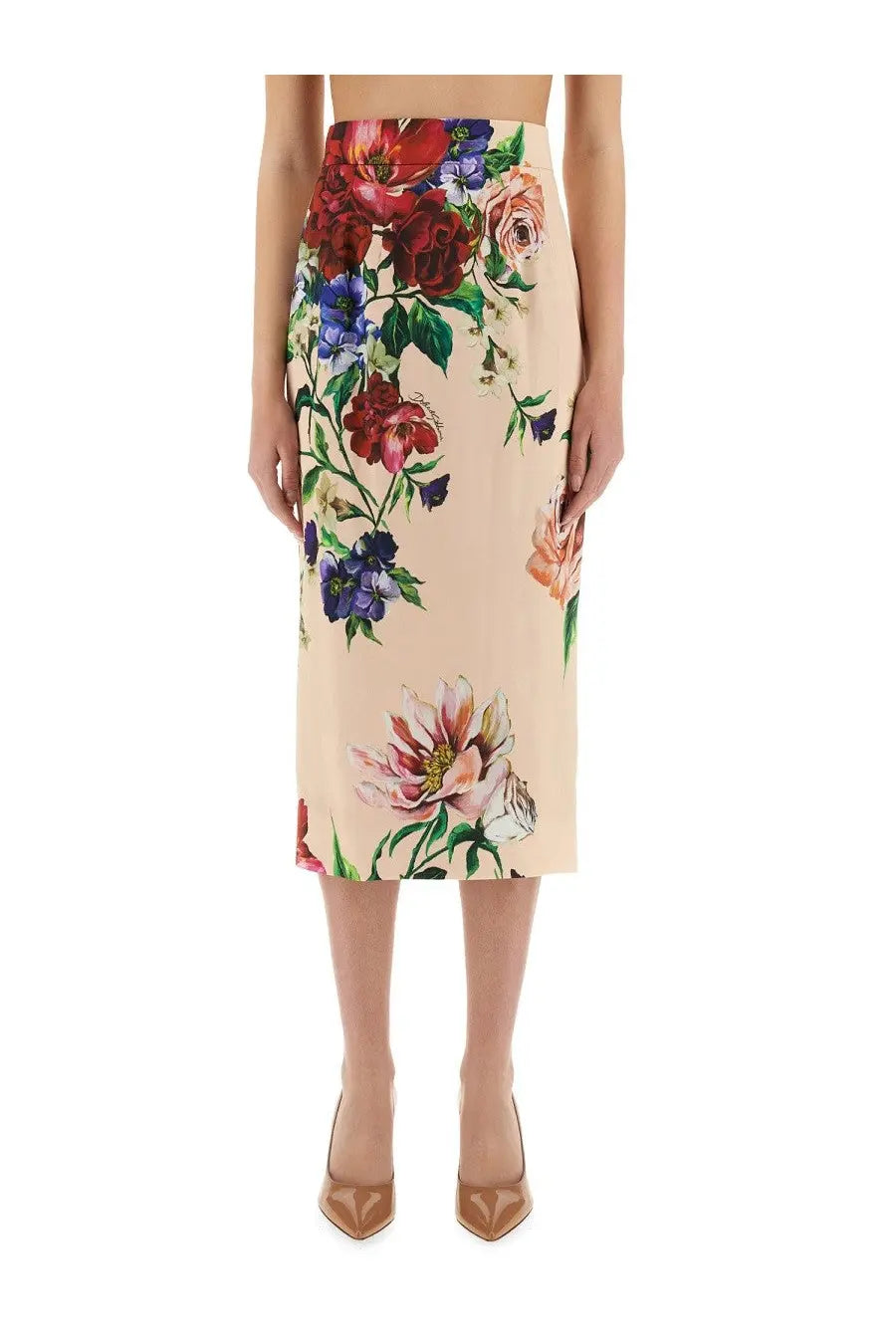 Dolce &amp; Gabbana women’s beige floral midi pencil skirt with vibrant blossoms on smooth satin fabric in blue tones