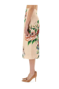 Dolce &amp; Gabbana women’s beige satin midi pencil skirt with vibrant floral rose and greenery print in peach and emerald
