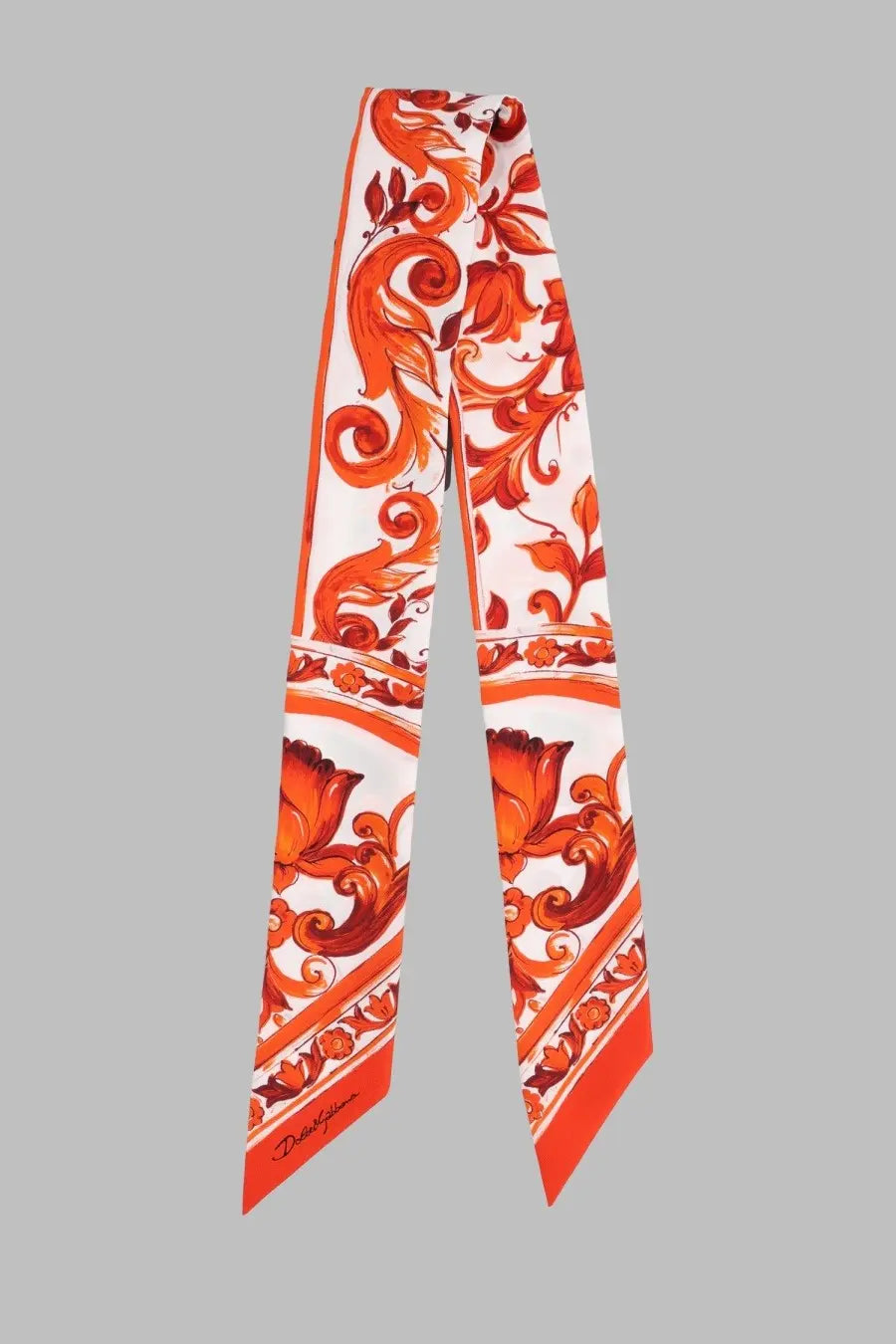 Dolce &amp; Gabbana women’s orange and white silk foulard with ornate floral and vine print in twill seta fabric