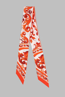 Dolce &amp; Gabbana women’s orange and white silk foulard with baroque floral pattern and decorative borders in twill fabric