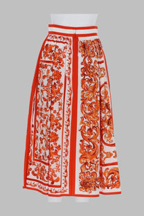 Dolce &amp; Gabbana womens gonna pieghe midi skirt in orange popeline with vibrant orange white floral pattern and bold red trim