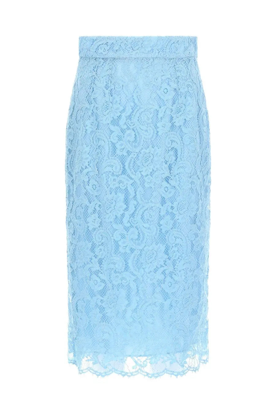 Dolce &amp; Gabbana women’s light blue lace midi skirt with intricate floral pattern and scalloped hem