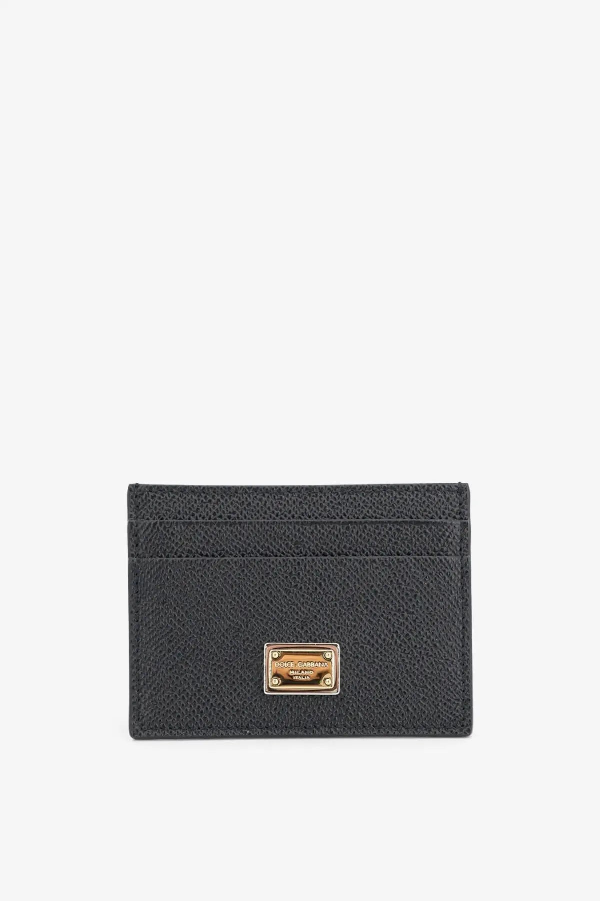 Dolce &amp; gabbana women’s black hammered leather card holder with gold-tone logo plaque and textured finish