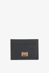 Dolce &amp; gabbana women’s black hammered leather card holder with gold-tone logo plaque and textured finish