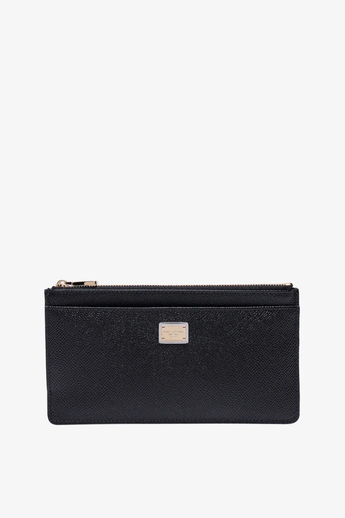 Dolce &amp; Gabbana women’s black hammered leather card holder with silver-tone metal plaque and zippered pouch detailing