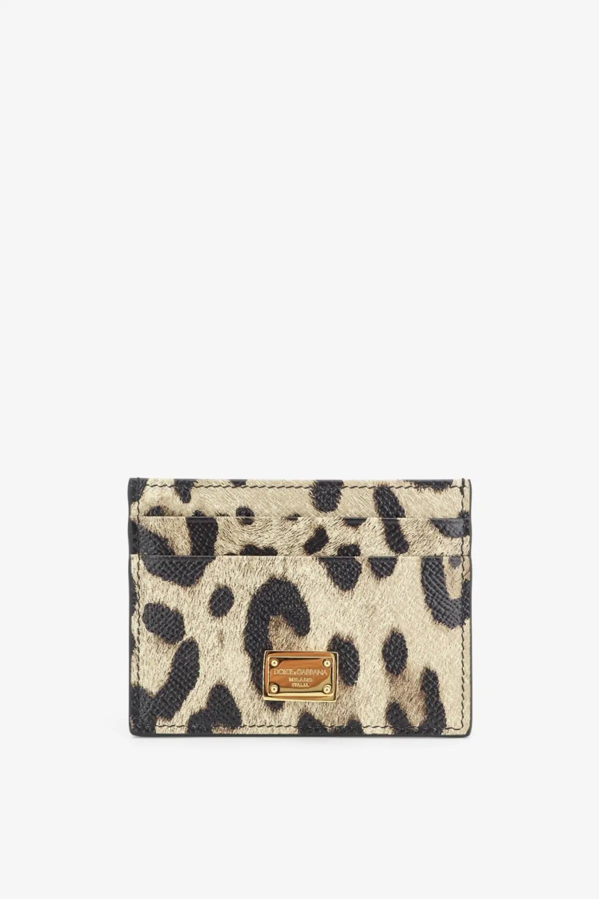 Dolce &amp; Gabbana women’s hammered leather leopard-print card holder with gold-tone plaque displaying front side