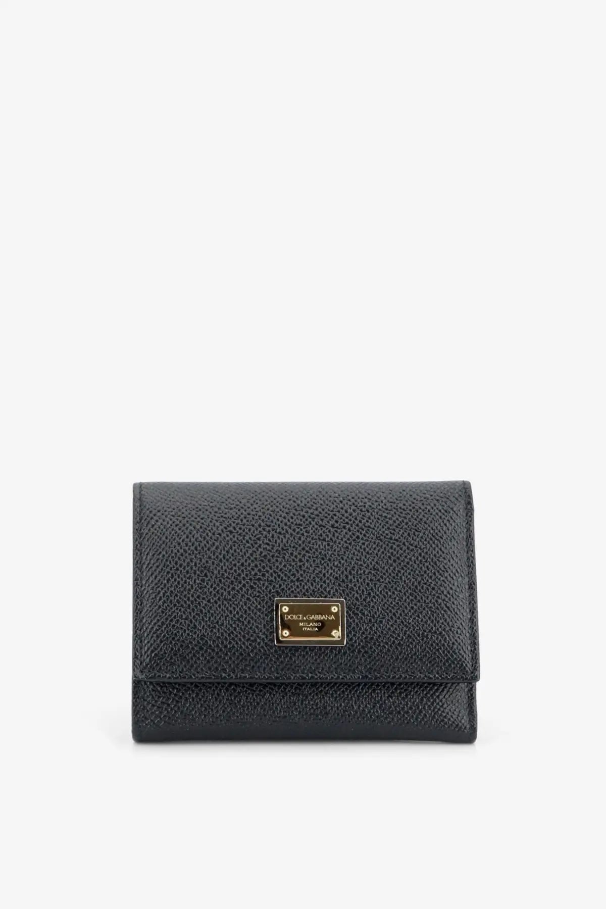 Dolce and Gabbana women’s black hammered leather wallet with gold-tone plaque and textured finish