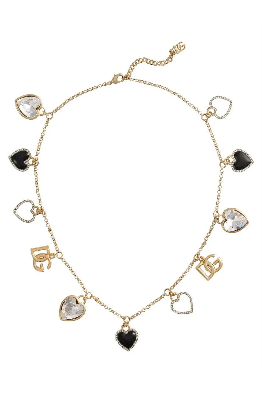 Dolce &amp; Gabbana women’s gold charm necklace with heart pendants featuring clear and black stones and rhinestone accents