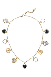 Dolce &amp; Gabbana women’s gold charm necklace with heart pendants featuring clear and black stones and rhinestone accents