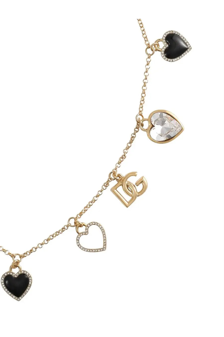 Dolce &amp; Gabbana women’s gold charm bracelet with heart pendants featuring black enamel crystals and dg logo pendant