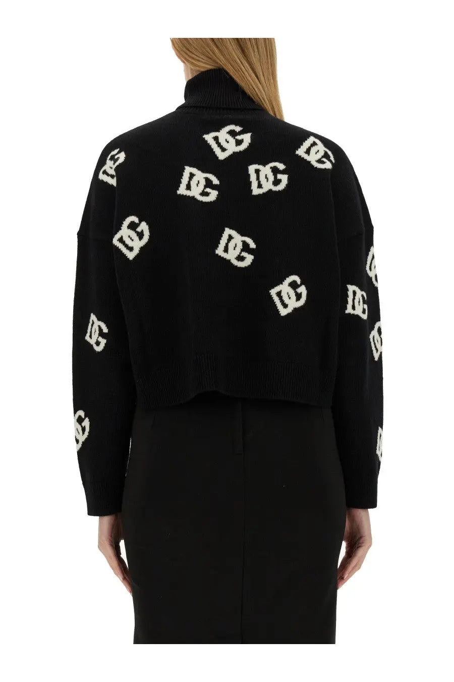 Black knitted cropped cardigan with high turtleneck and white dg logos on the back by dolce and gabbana