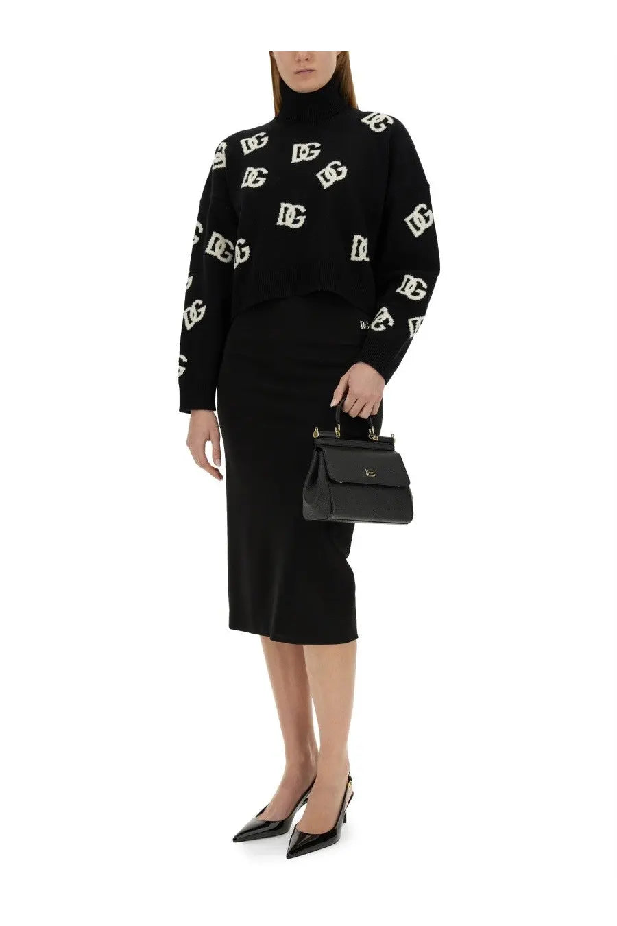 Dolce &amp; Gabbana women’s black leather handbag with gold-tone hardware and small logo plaque on front flap