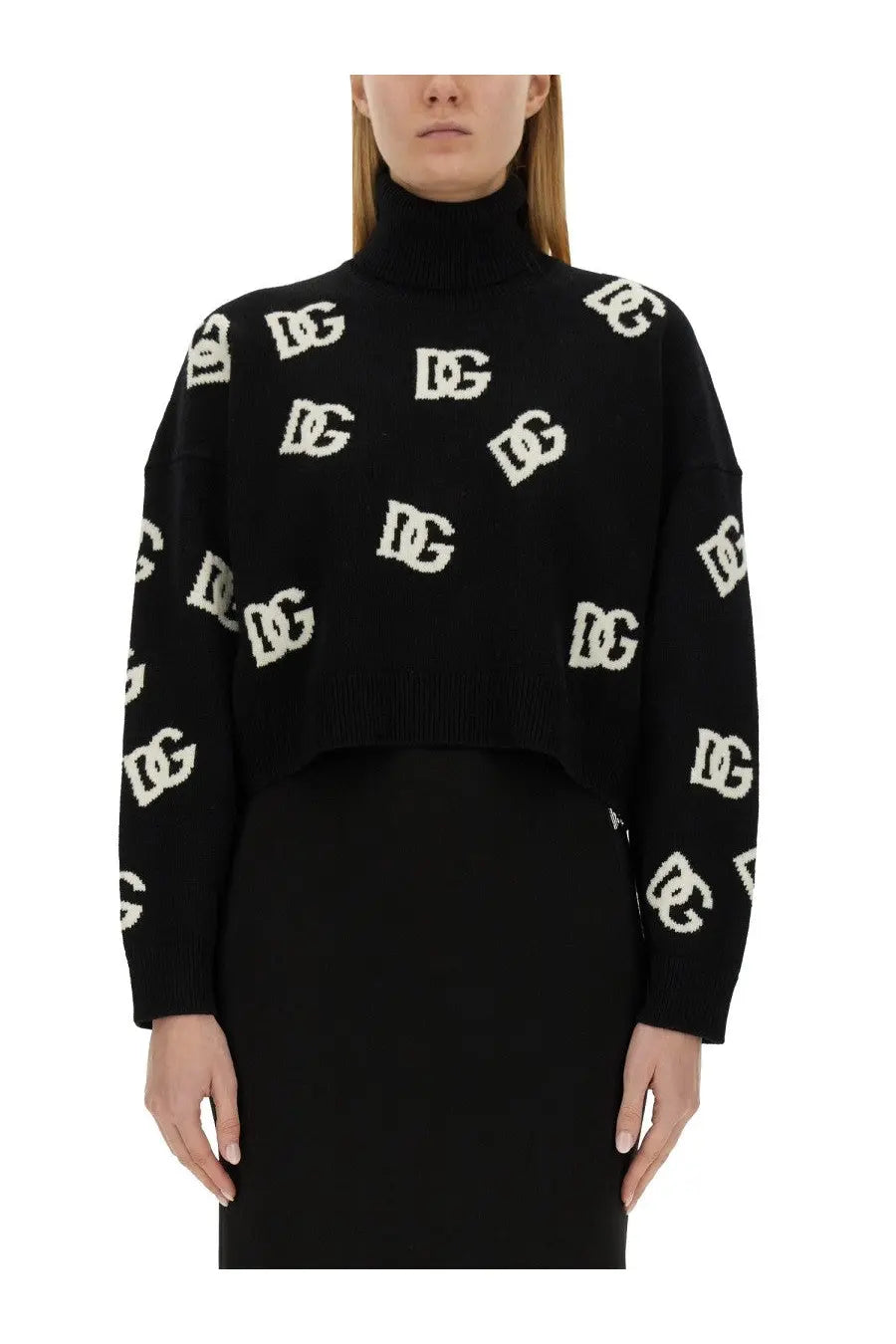 Dolce &amp; Gabbana women’s black jersey turtleneck sweater with white interlocking DG logo pattern