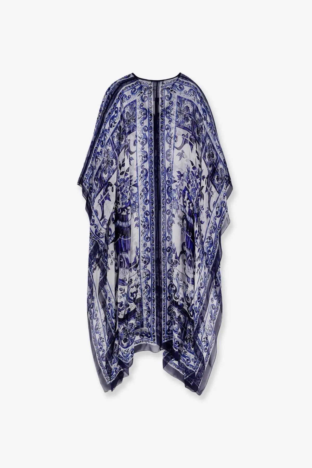 Dolce &amp; Gabbana women’s kaftano silk dress blue with flowing sheer fabric and intricate floral and ornamental patterns