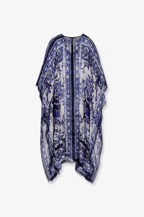 Dolce &amp; Gabbana women’s kaftano silk dress blue with flowing sheer fabric and intricate floral and ornamental patterns