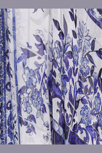Sheer white scarf with blue floral pattern and purple vines paired with dolce &amp; gabbana women’s kaftano silk dress blue