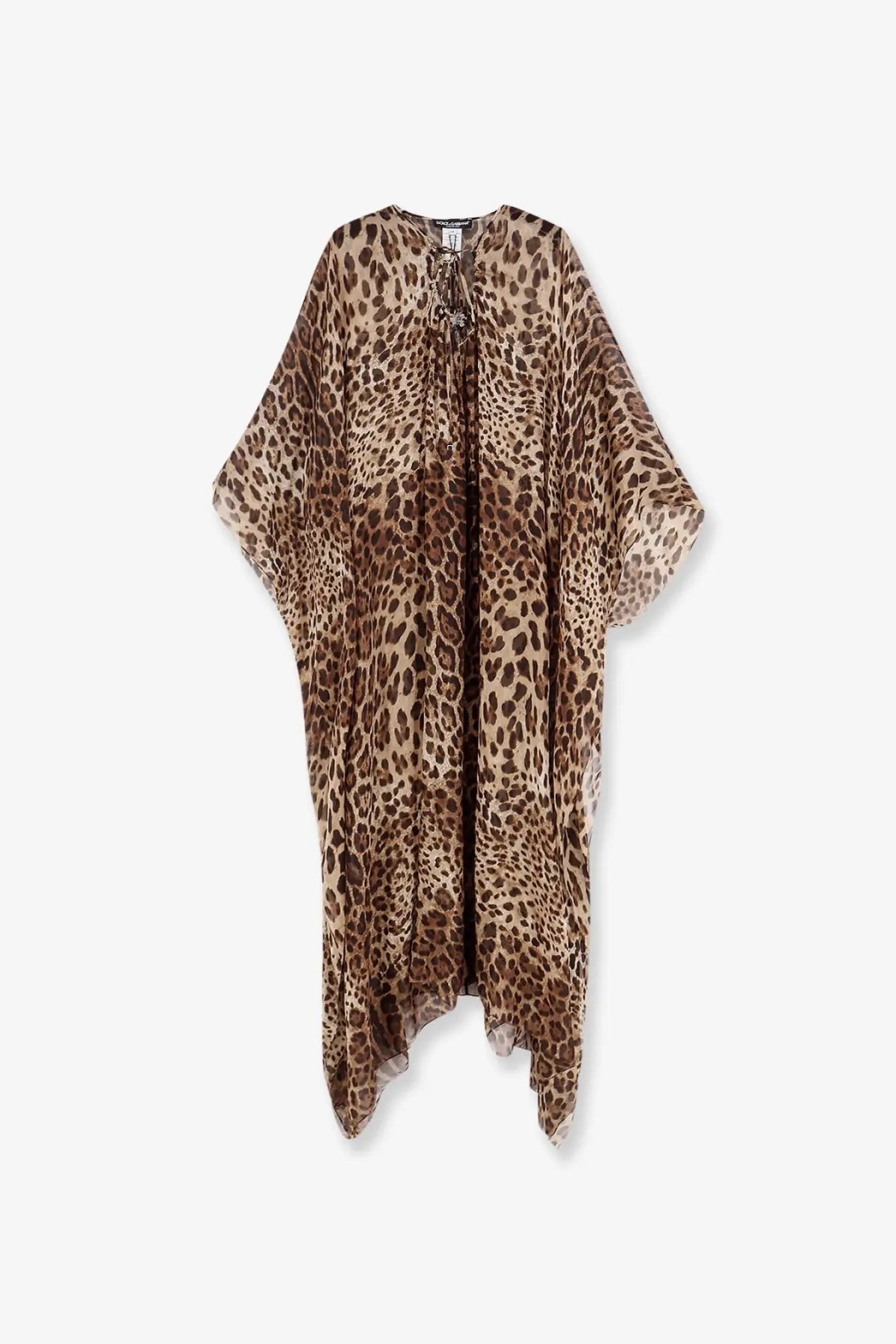 Dolce &amp; gabbana women’s kaftano silk dress with a flowing sheer leopard print in earthy brown and tan tones and draped neckline