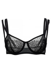 Dolce &amp; Gabbana women’s black lace balconette bra with delicate polka dot pattern and thin straps