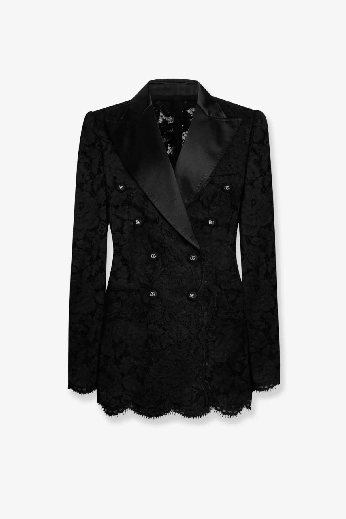 Dolce &amp; Gabbana women’s black double-breasted blazer with lace detailing and satin lapels