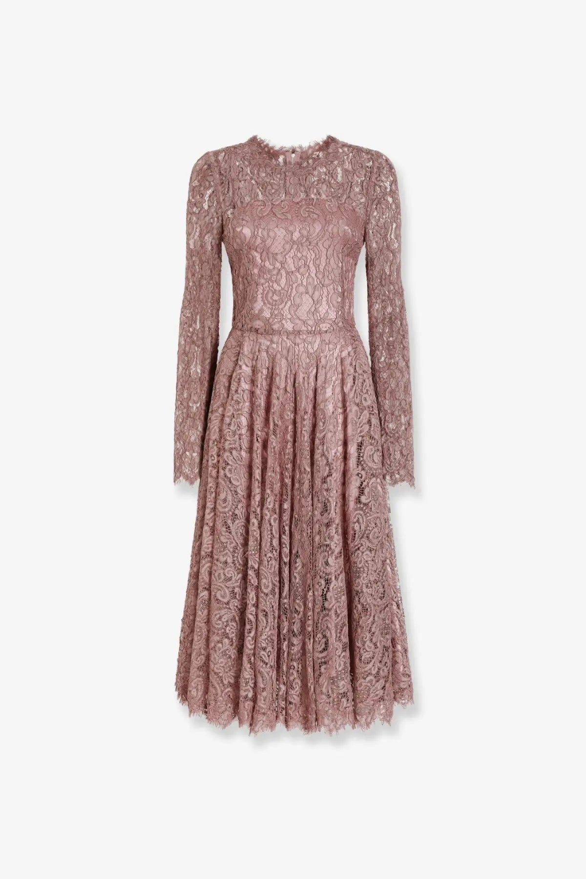 Dolce &amp; Gabbana women’s delicate rose gold lace midi dress with long sleeves and flared skirt malva color
