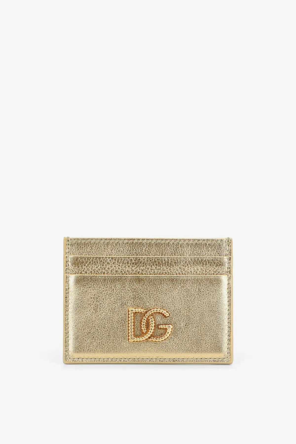 Dolce gabbana women’s gold metallic leather card holder with textured surface and embossed dg logo