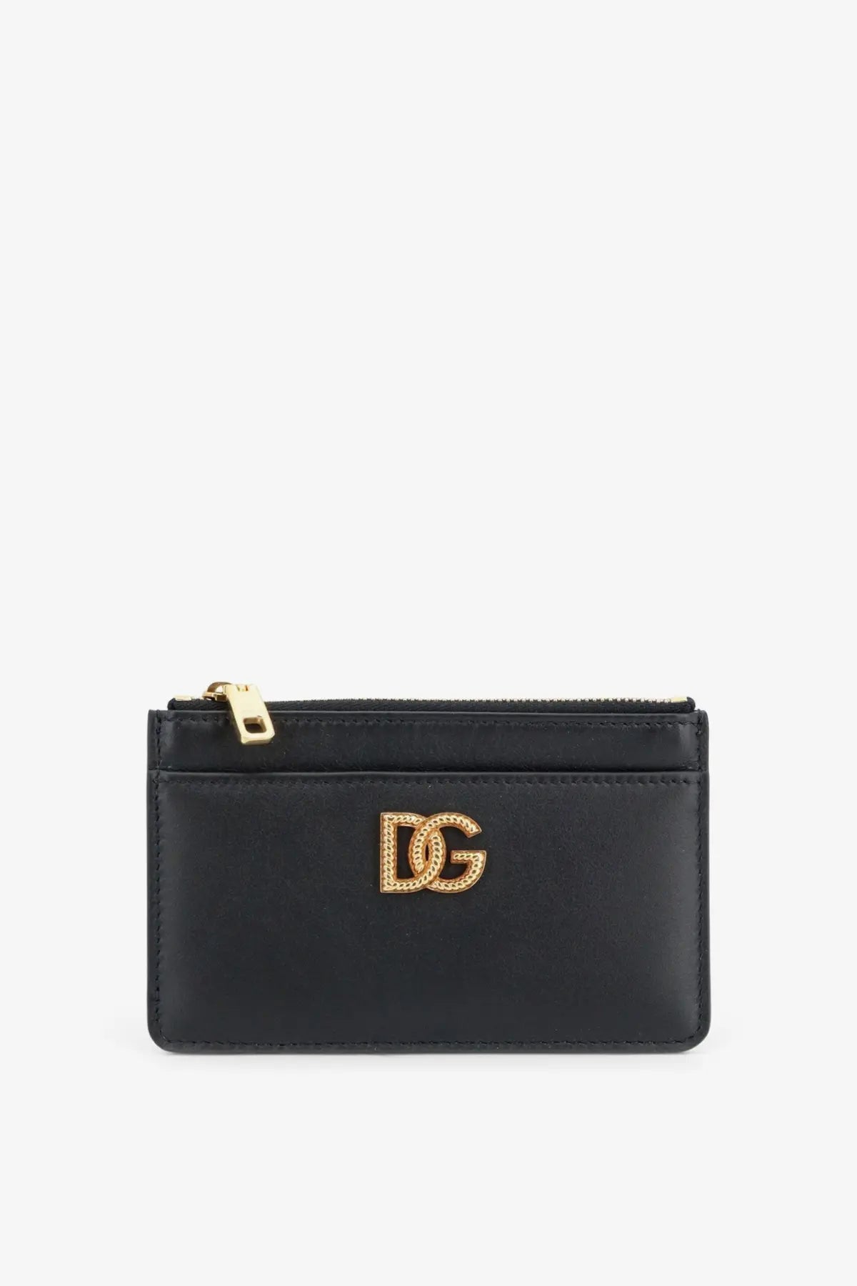 Dolce &amp; Gabbana women’s black leather card holder with gold-tone dg logo and zipper for secure storage