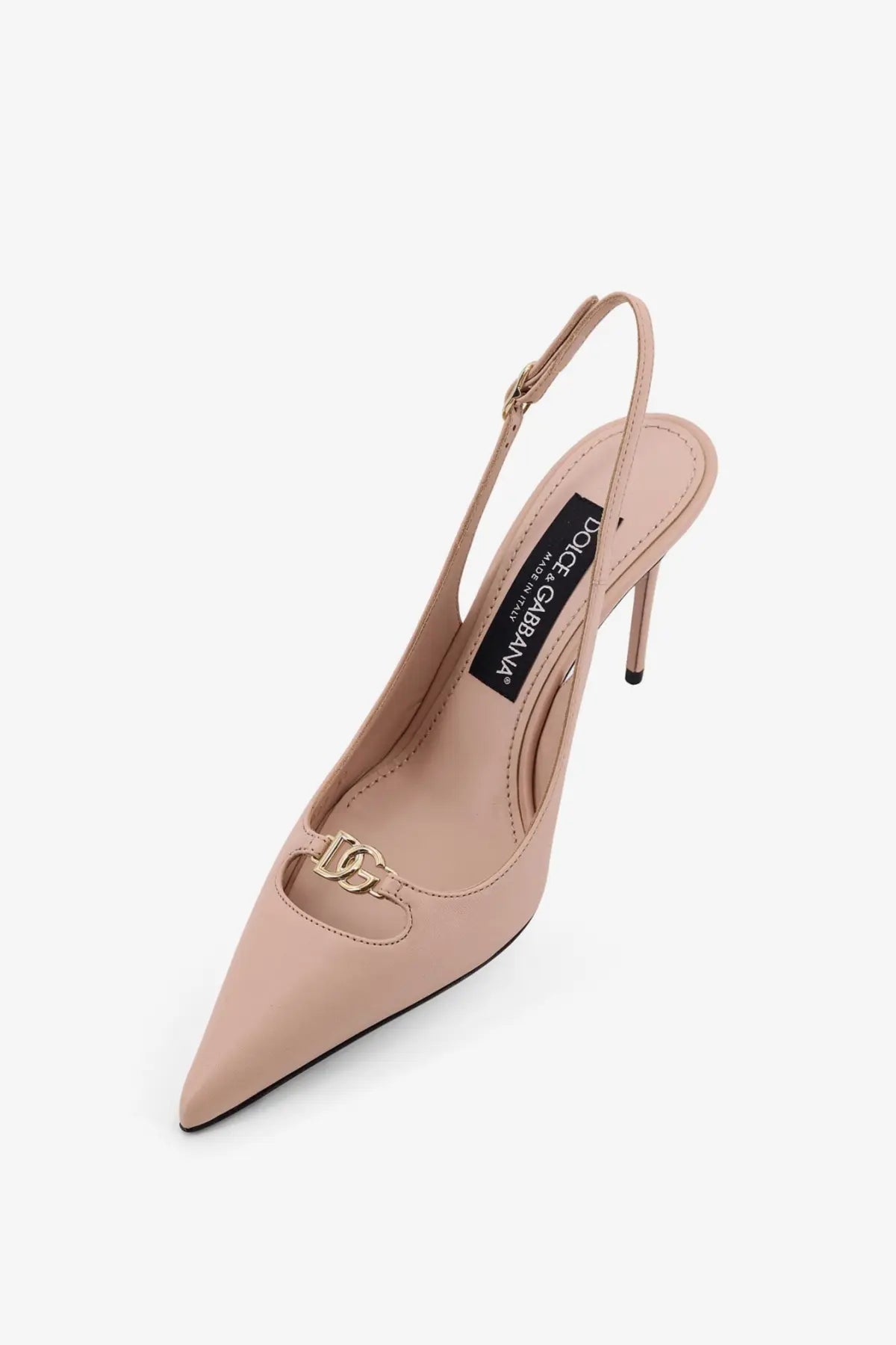 Beige leather dolce &amp; gabbana women’s slingback pump with gold-tone dg logo clasp and slender heel
