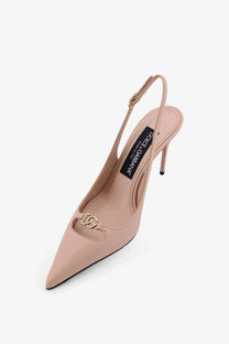 Beige leather dolce &amp; gabbana women’s slingback pump with gold-tone dg logo clasp and slender heel