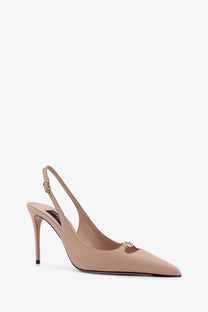 Dolce &amp; Gabbana women’s beige leather slingback pump with gold-tone buckle and slender heel