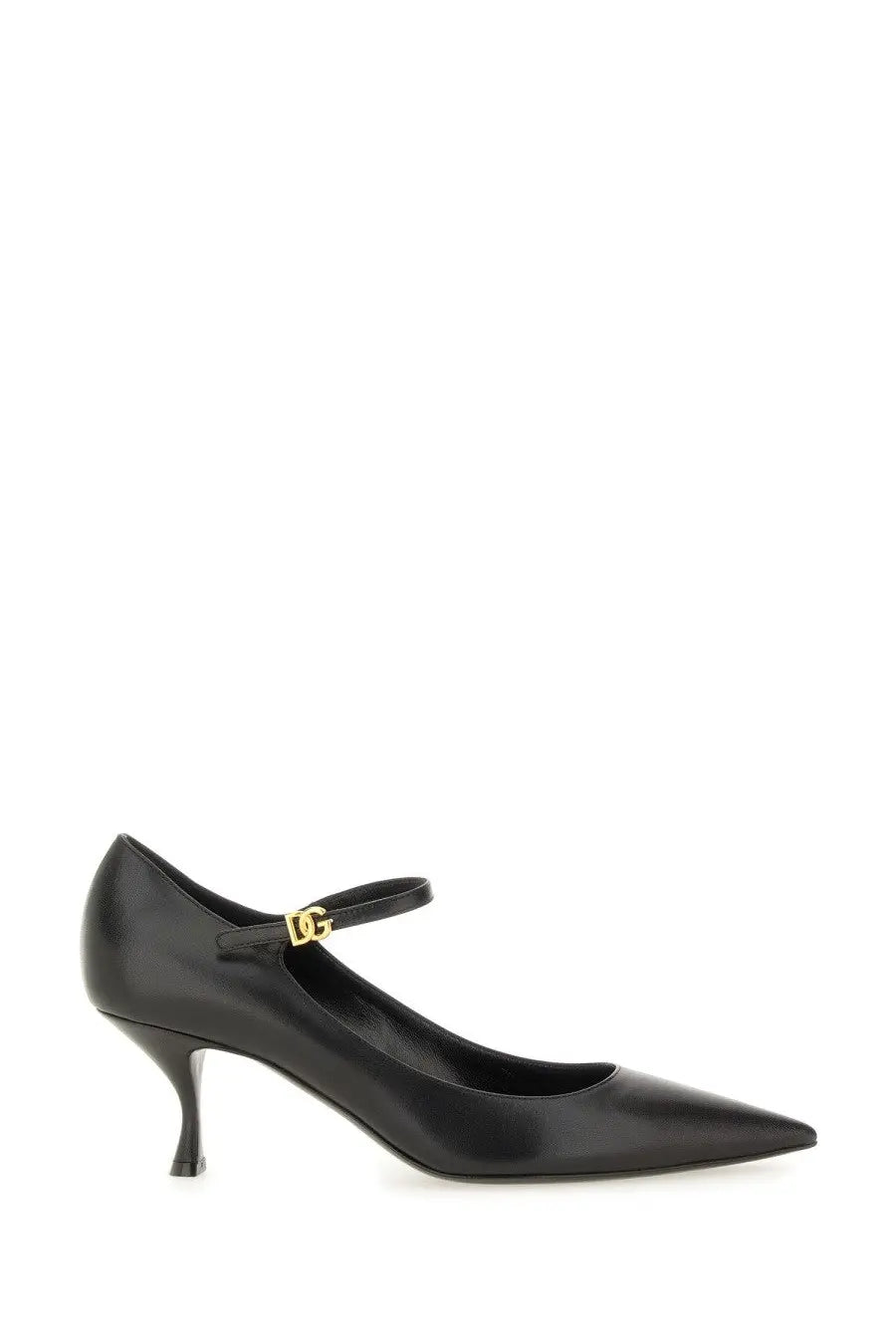 Dolce &amp; Gabbana women’s black leather mary jane pumps with gold-tone dg logo buckle and slender stiletto heel