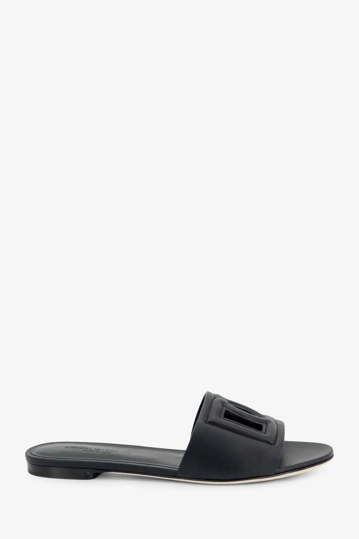 Dolce and Gabbana women’s black leather slide sandal with rectangular buckle detail