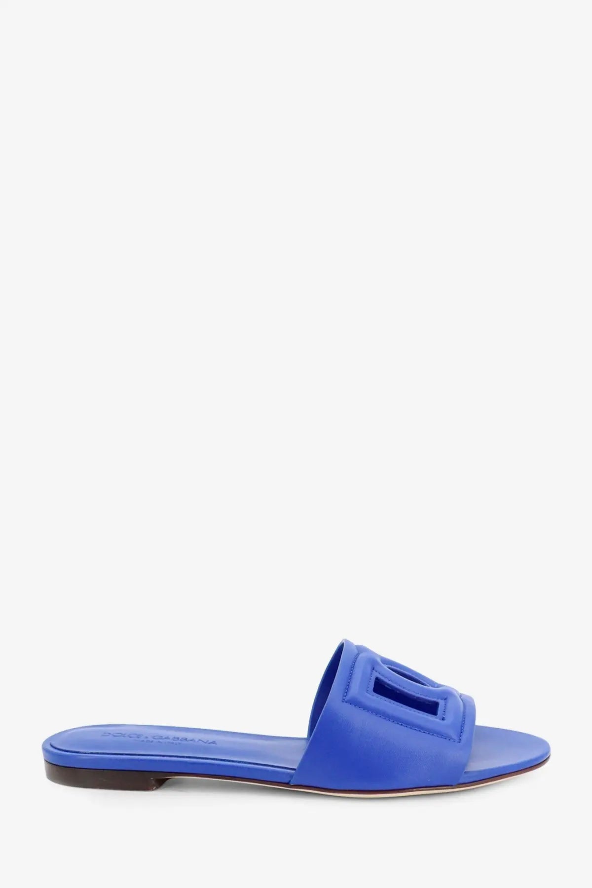 Dolce &amp; Gabbana women’s bright blue leather slide sandal with bold geometric logo strap