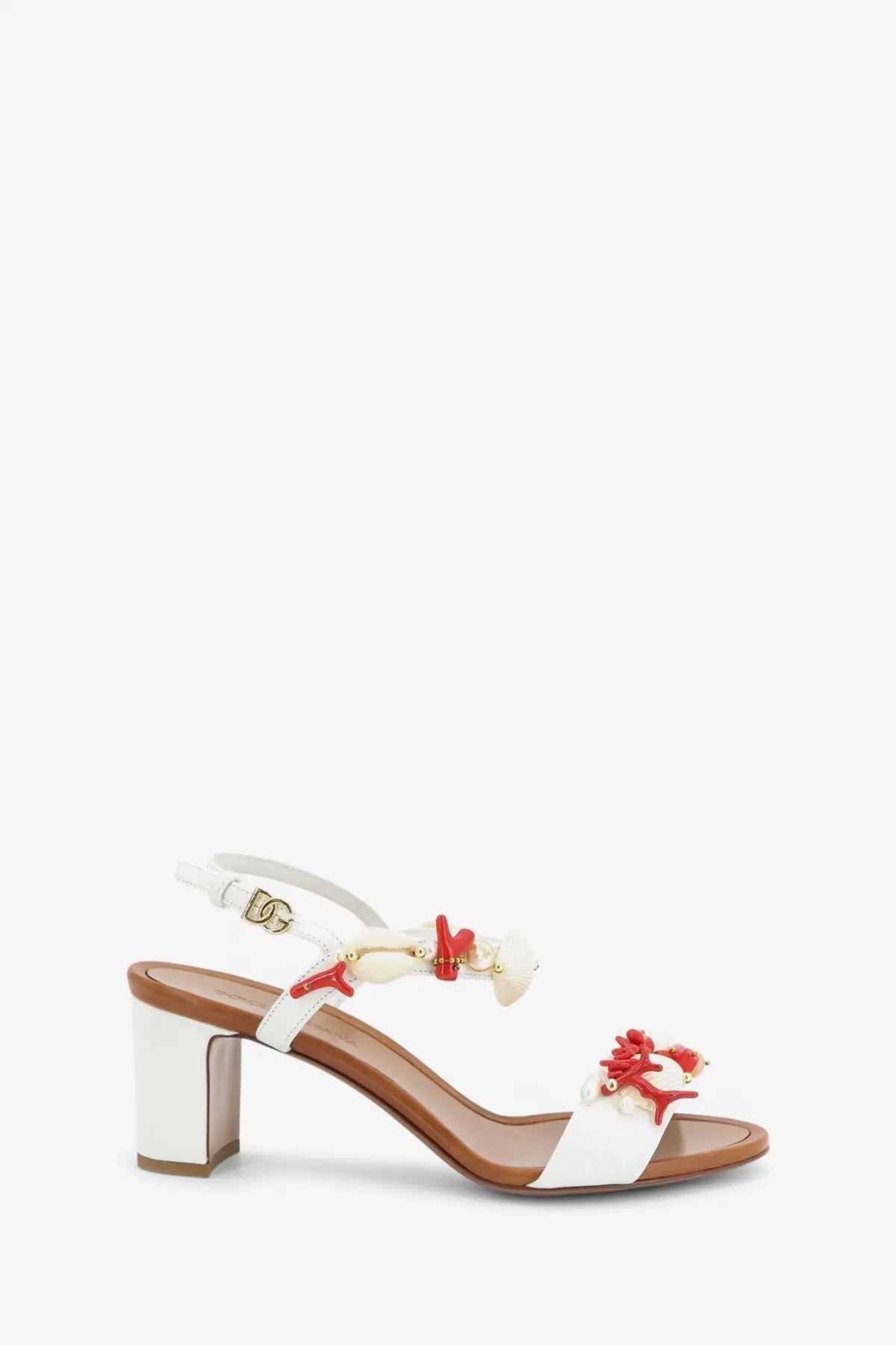 Dolce and Gabbana women’s white leather sandals with red and cream coral-inspired embellishments and gold buckle