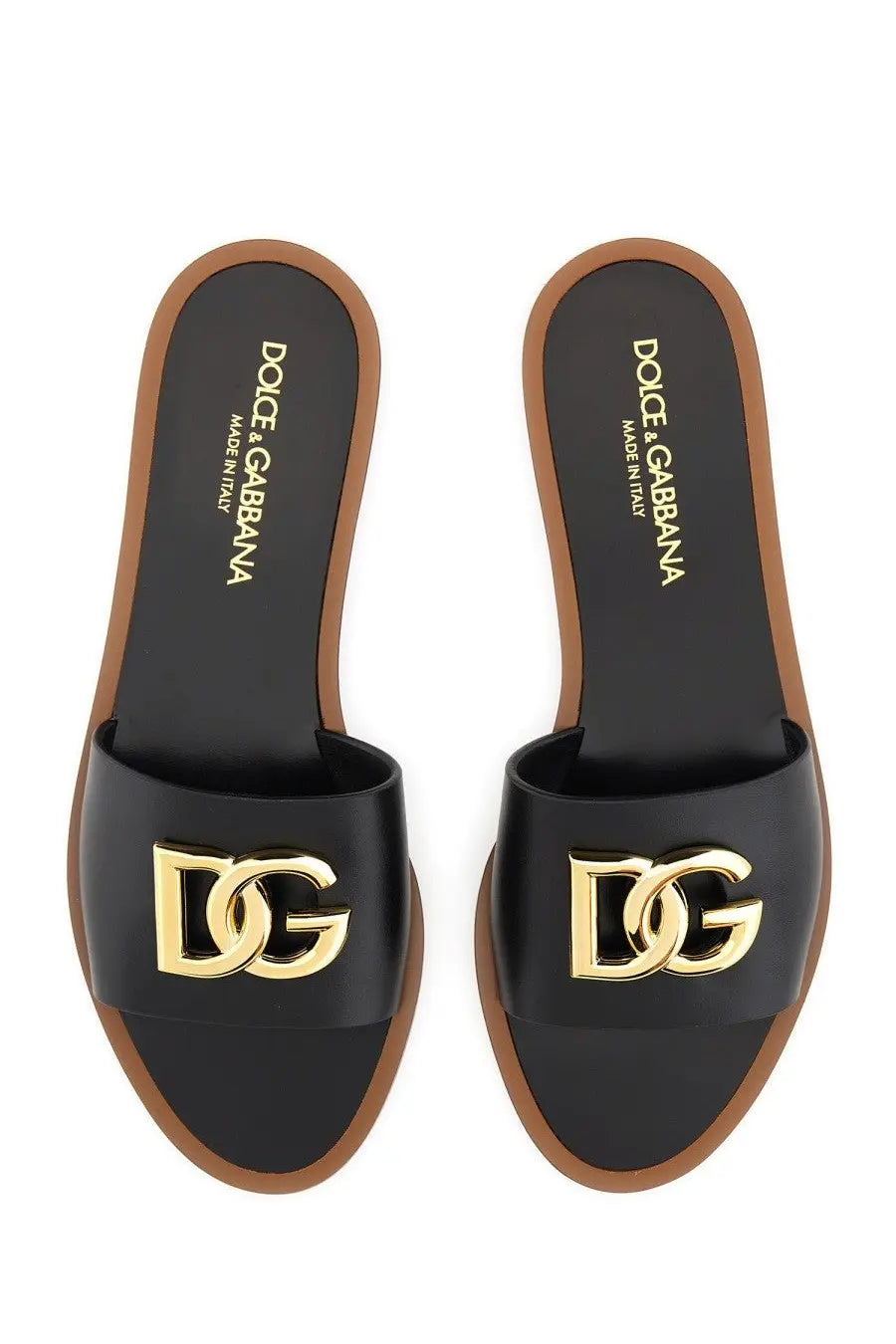 Dolce &amp; Gabbana women’s black leather slide sandals with gold-tone dg logo hardware and brown rubber soles