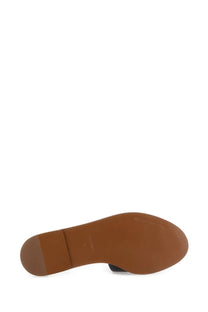 Dolce and gabbana women’s black leather slide sandal with brown rubber sole slight heel and stitched seam