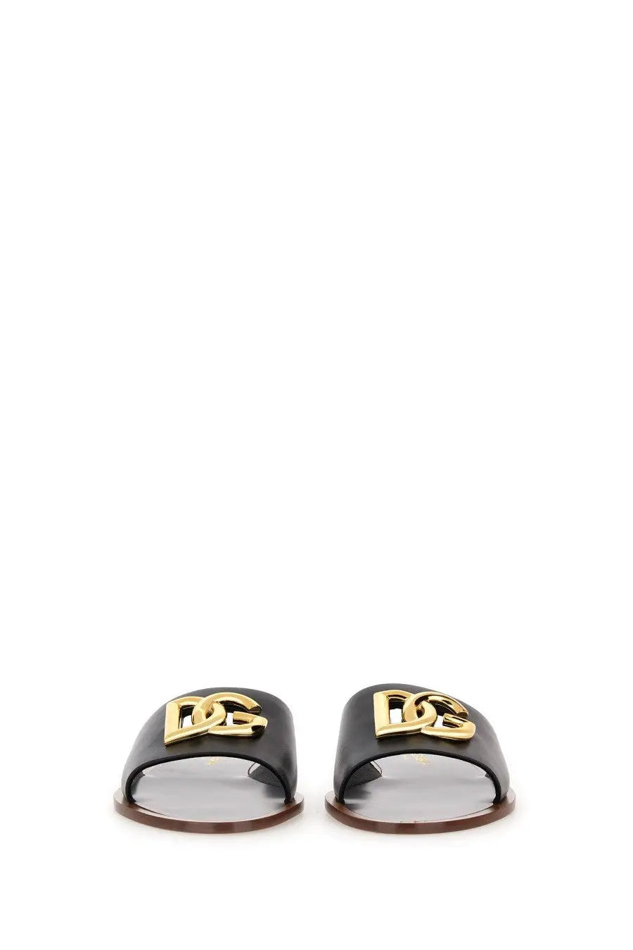 Dolce &amp; Gabbana women’s black leather slide sandals with a gold-tone DG logo plaque on the upper strap
