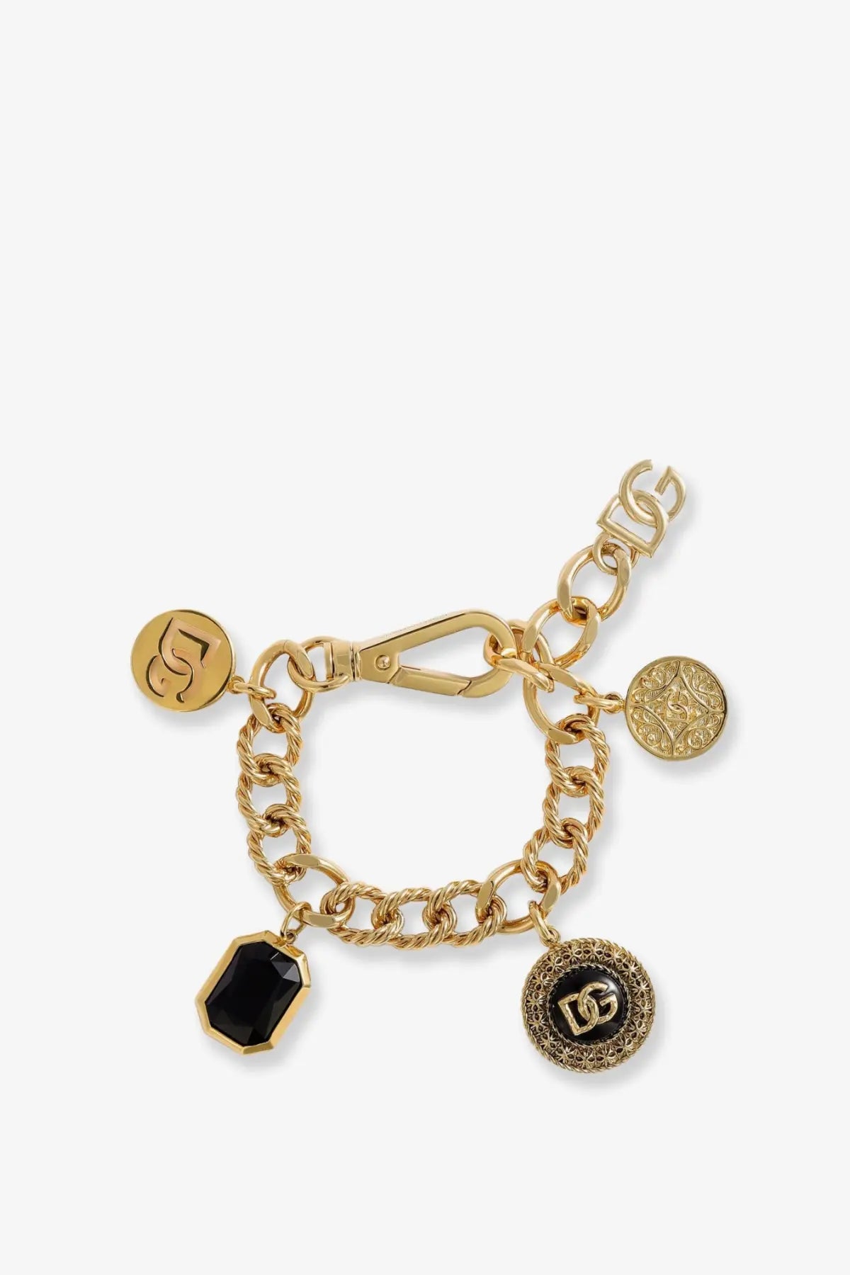 Dolce &amp; Gabbana women’s gold-toned brass chain bracelet with black onyx charm, engraved d&amp;g medallions, and ornate coin charm