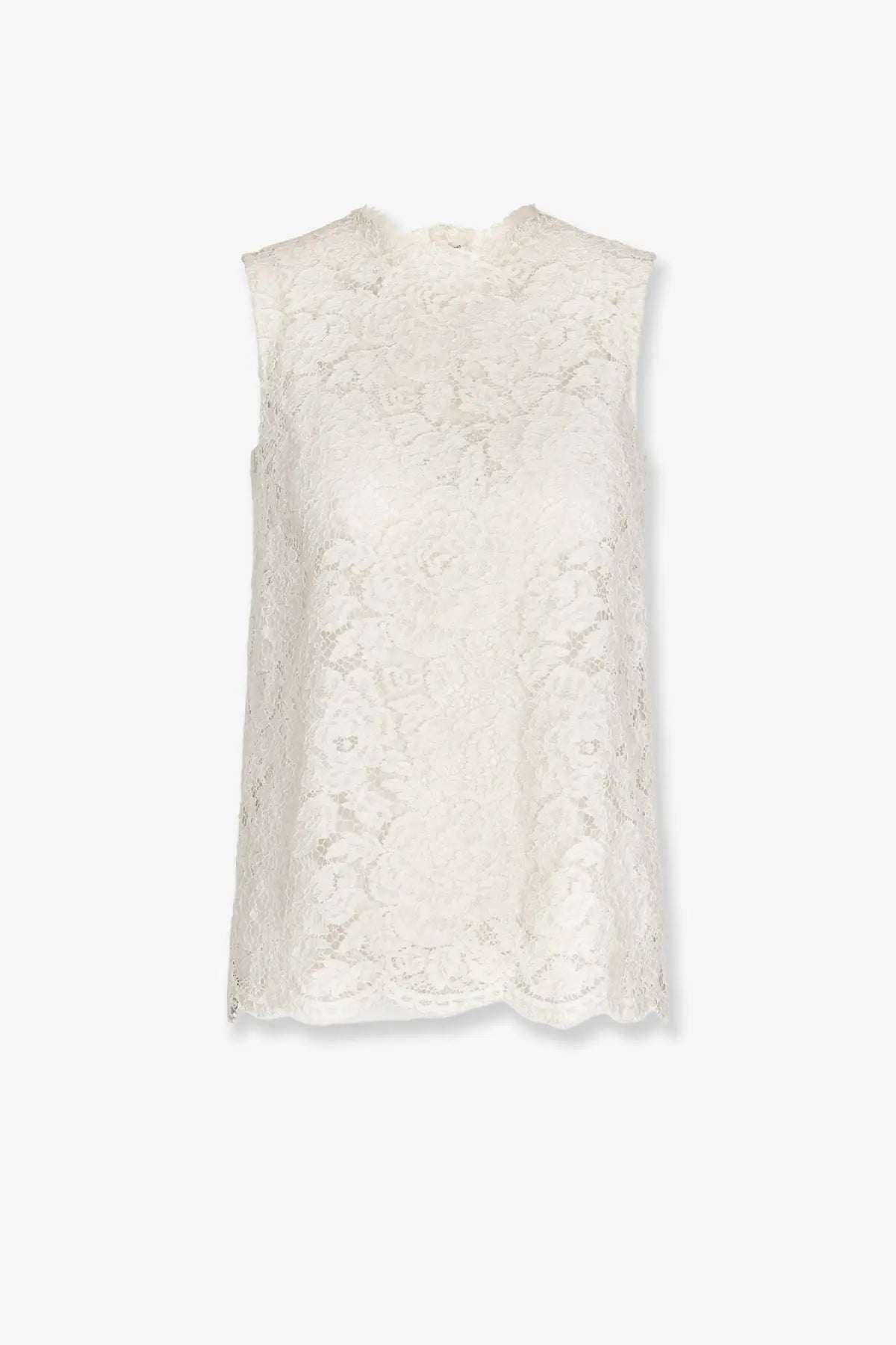 Dolce &amp; gabbana women’s sleeveless ivory lace top with high neckline and scalloped hem in stretch fabric