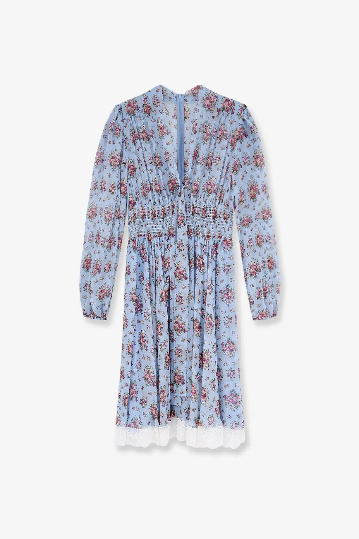 Dolce &amp; Gabbana women’s long chiffon dress in light blue with floral print, long sleeves, smocked waistband, and white lace trim