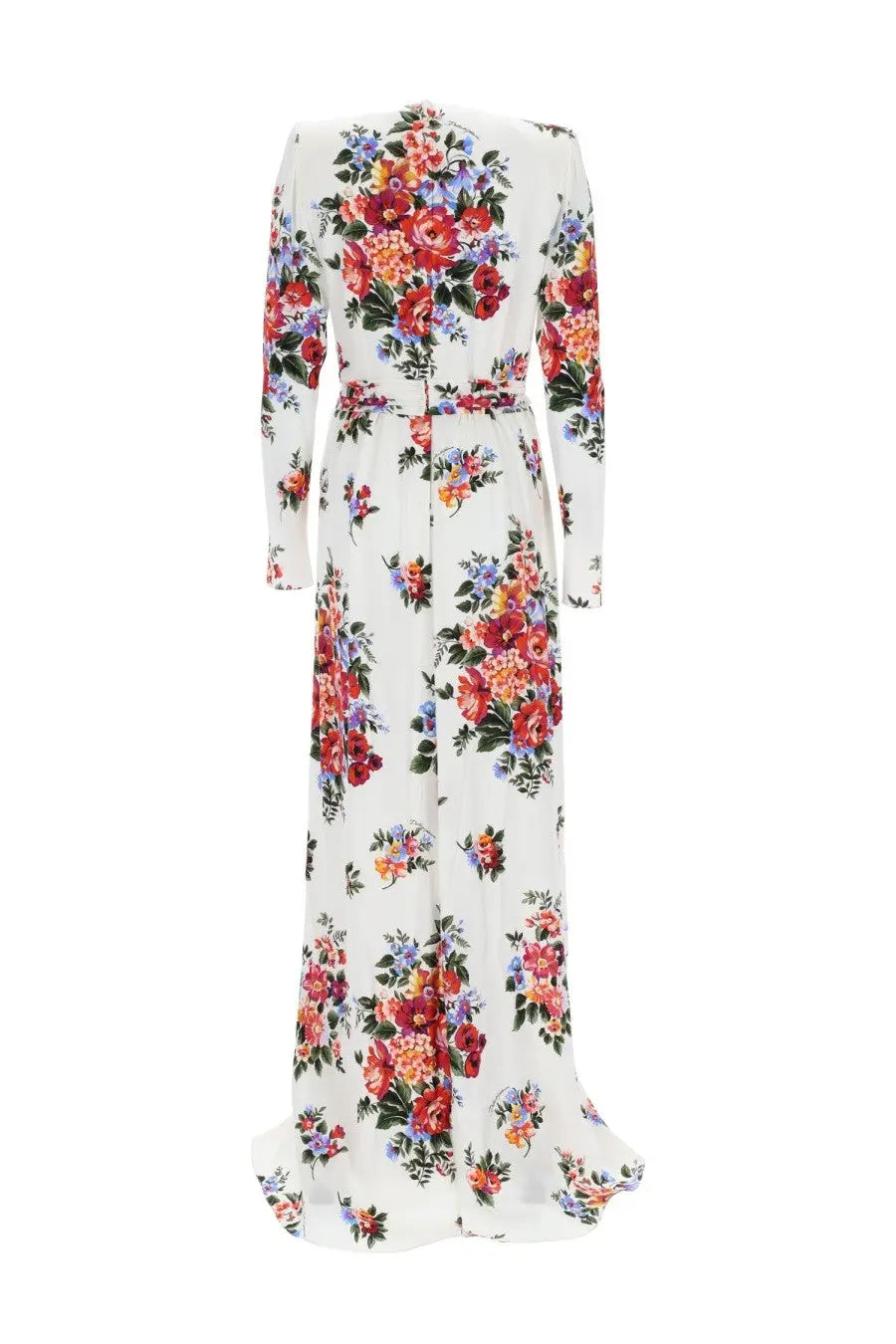Dolce &amp; Gabbana women’s long white flowing maxi dress with vibrant red orange and purple floral pattern